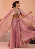 Pink flared palazzo set with beads embroidered cape