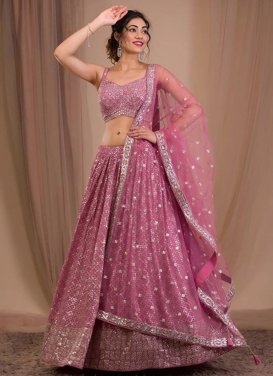Pink Georgette Sequins Embroidered Lehenga for Reception & Party Wear