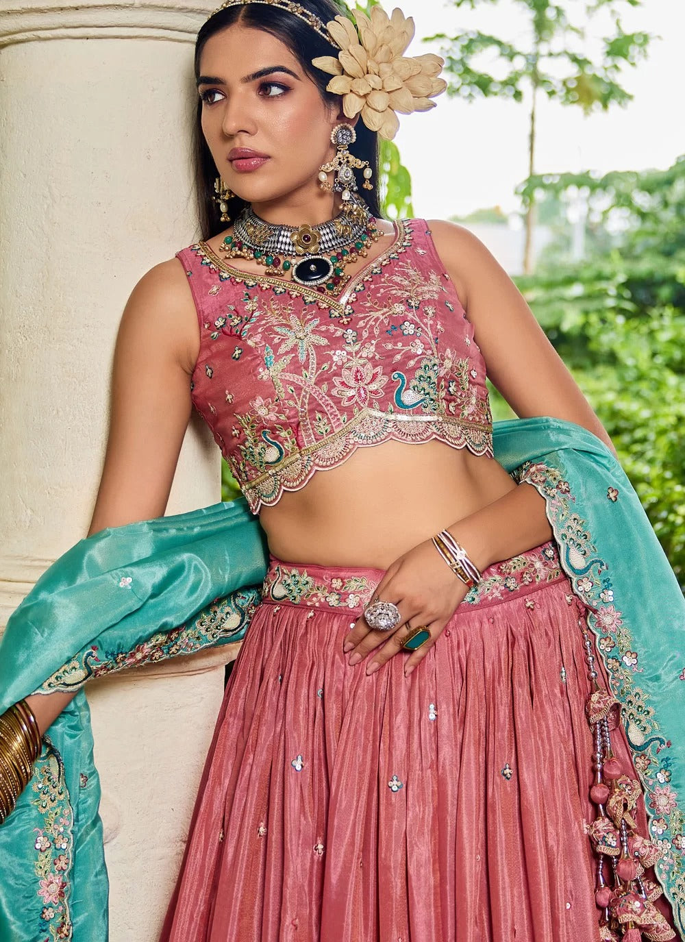 Elegant Pink Golden Satin Embroidered Sister Wedding Lehenga Choli with Sea Green Dupatta