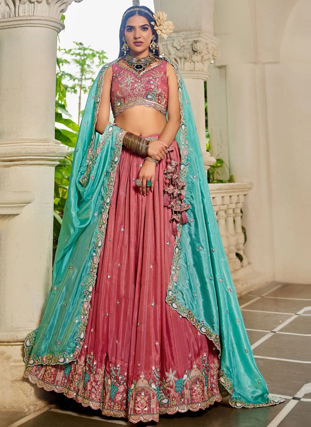 Elegant Pink Satin Wedding Lehenga with Sequins and Embroidery Work