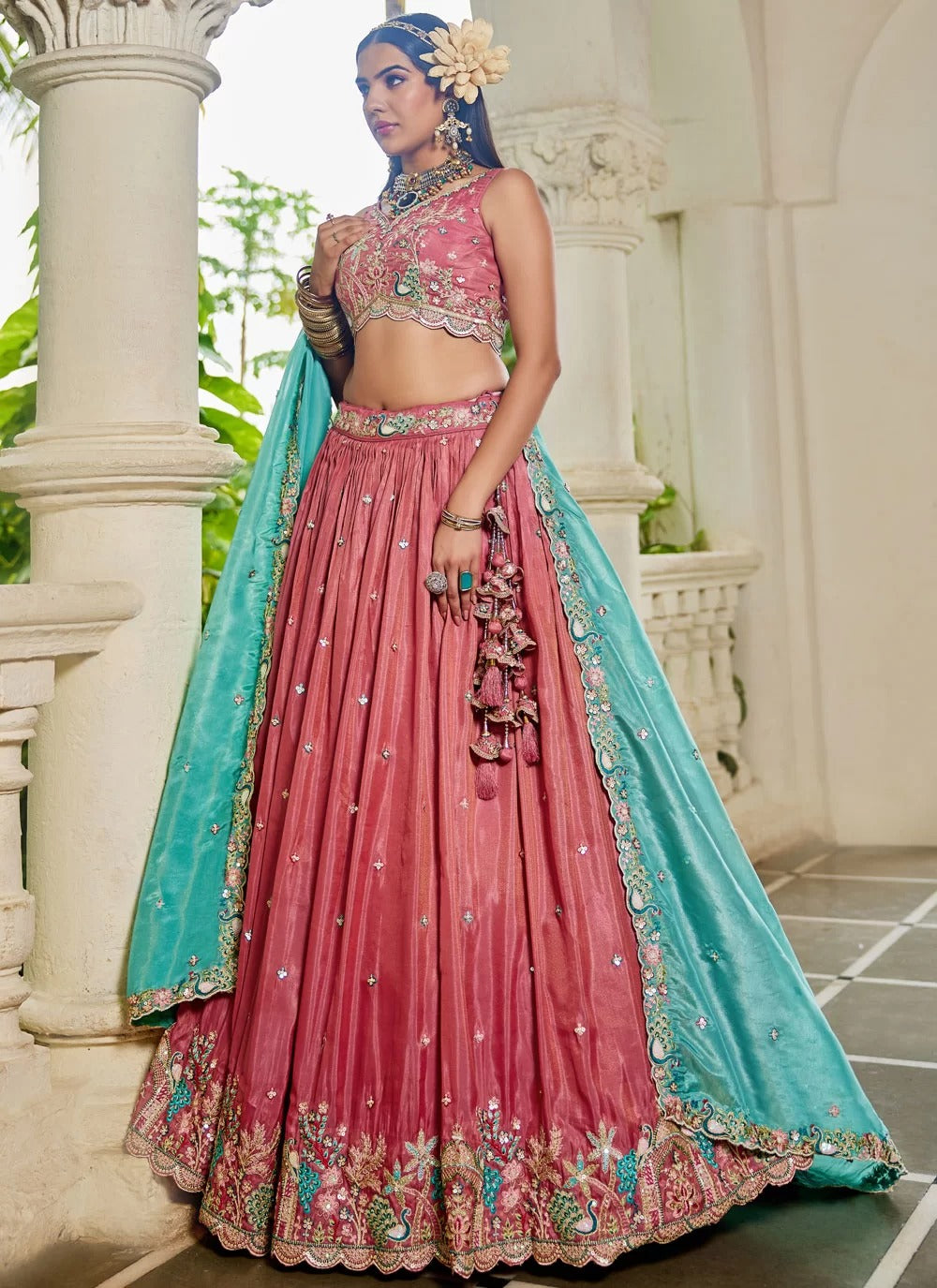Elegant Pink Golden Satin Embroidered Sister Wedding Lehenga Choli with Sea Green Dupatta