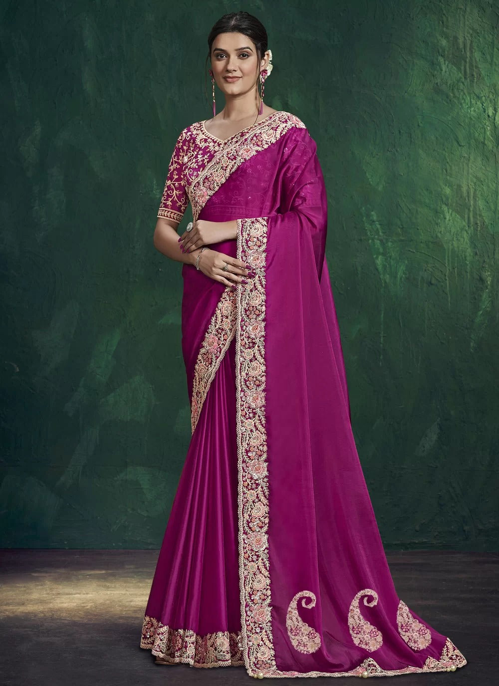ready to wear designer saree with stitched blouse in pink habotai silk