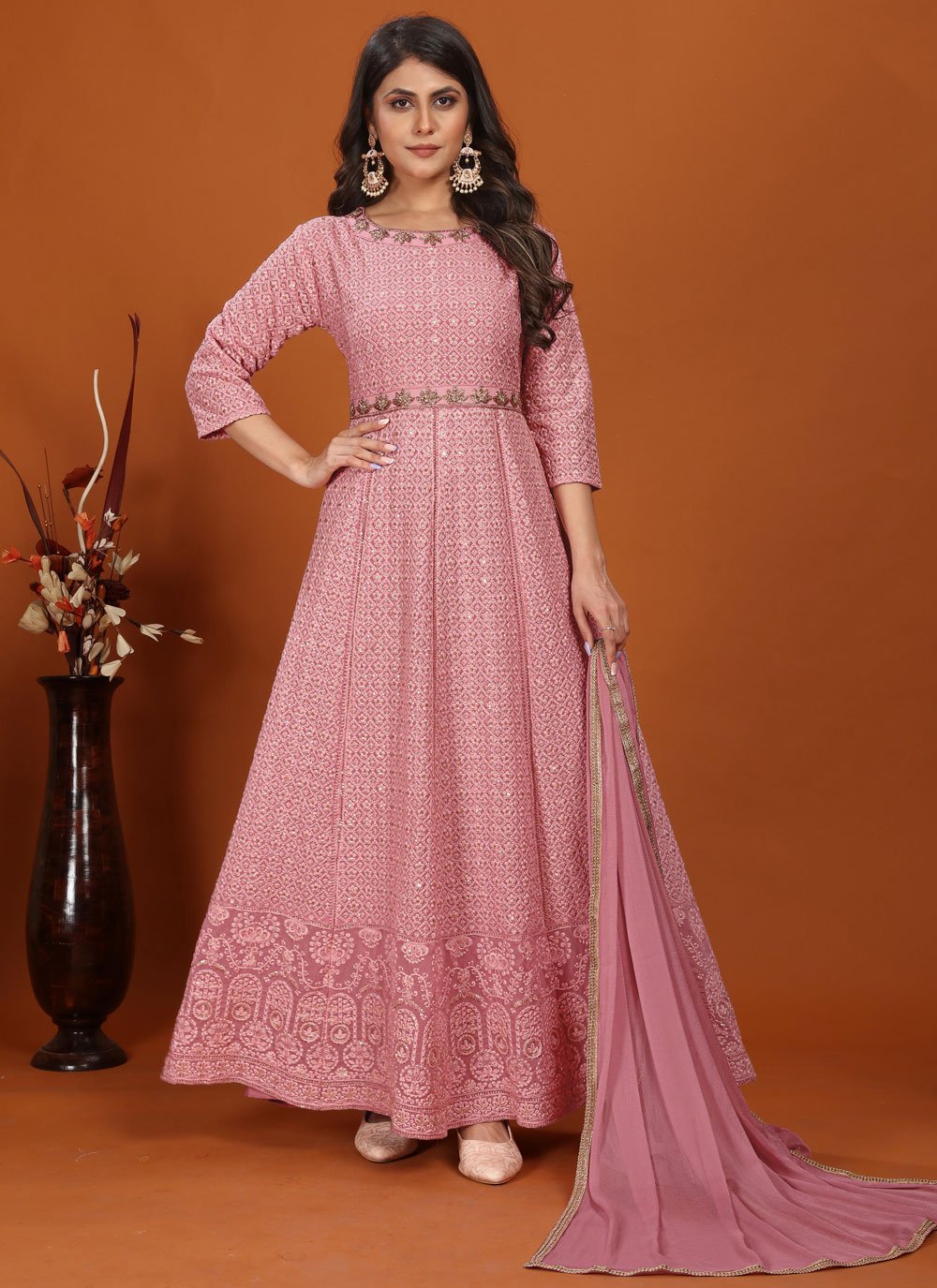 Pink Heavy Embroidered Faux Georgette Indian Gown For Women