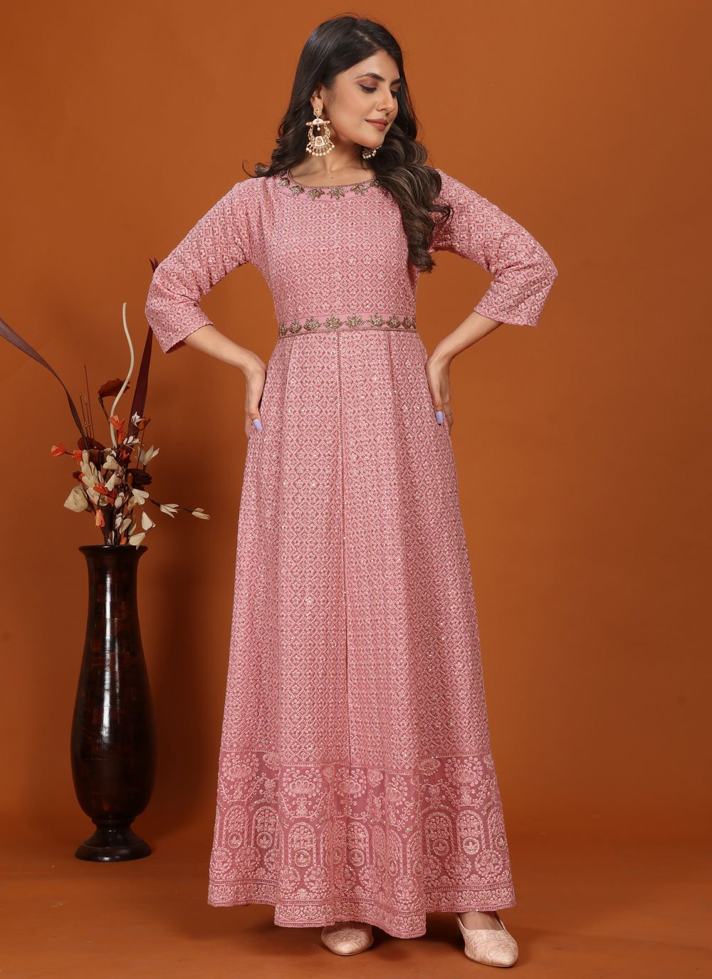 Pink Heavy Embroidered Faux Georgette Indian Gown For Women