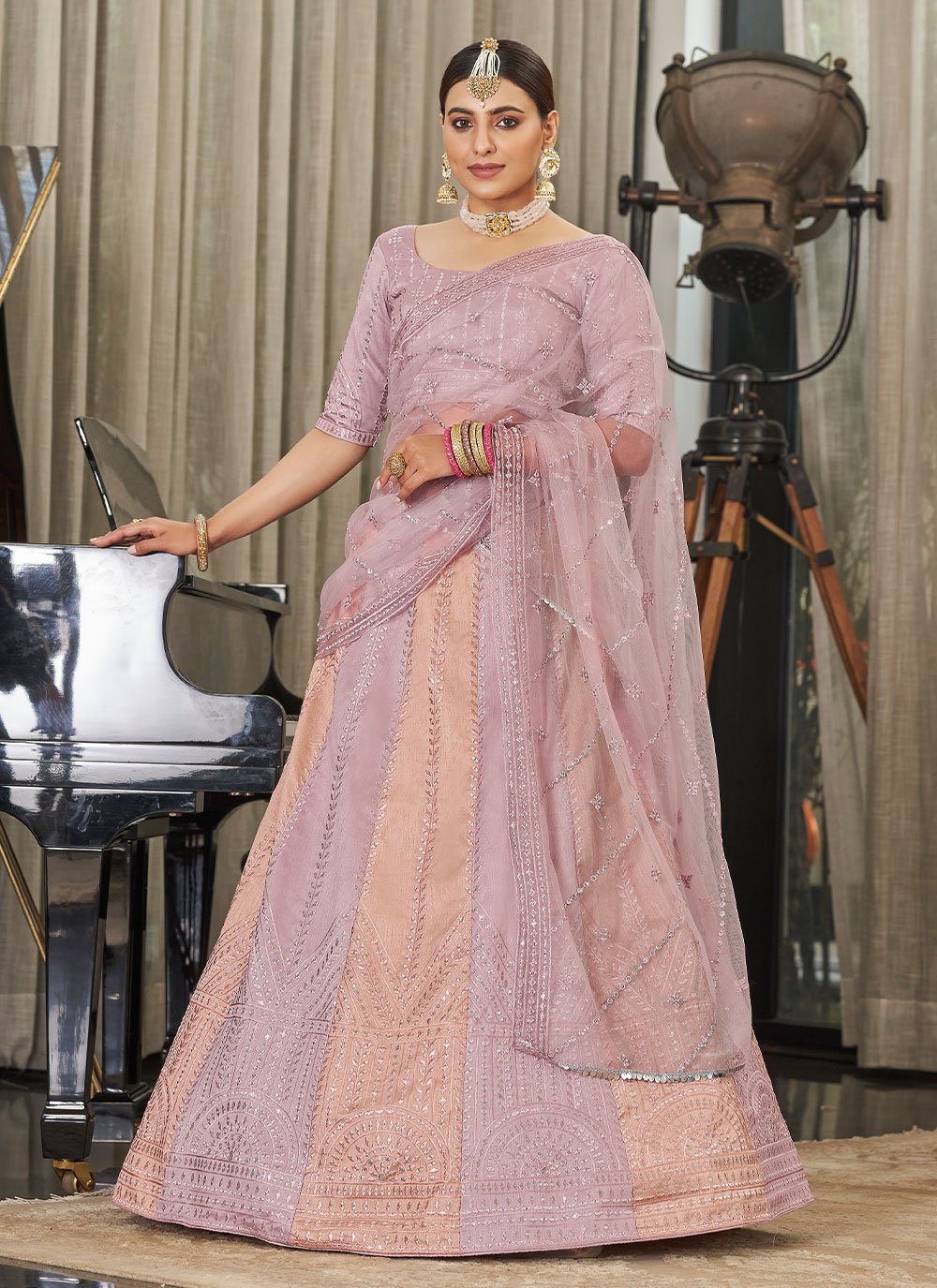 Pink Indian Art Silk Chaniya Choli With Sequins Embroidery