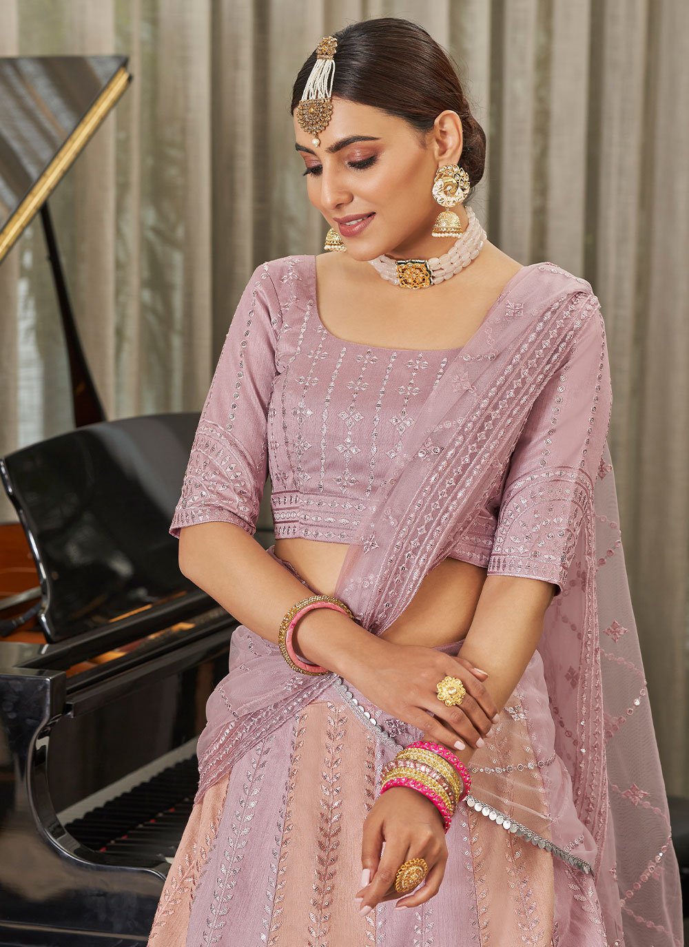 Pink Indian Art Silk Chaniya Choli With Sequins Embroidery