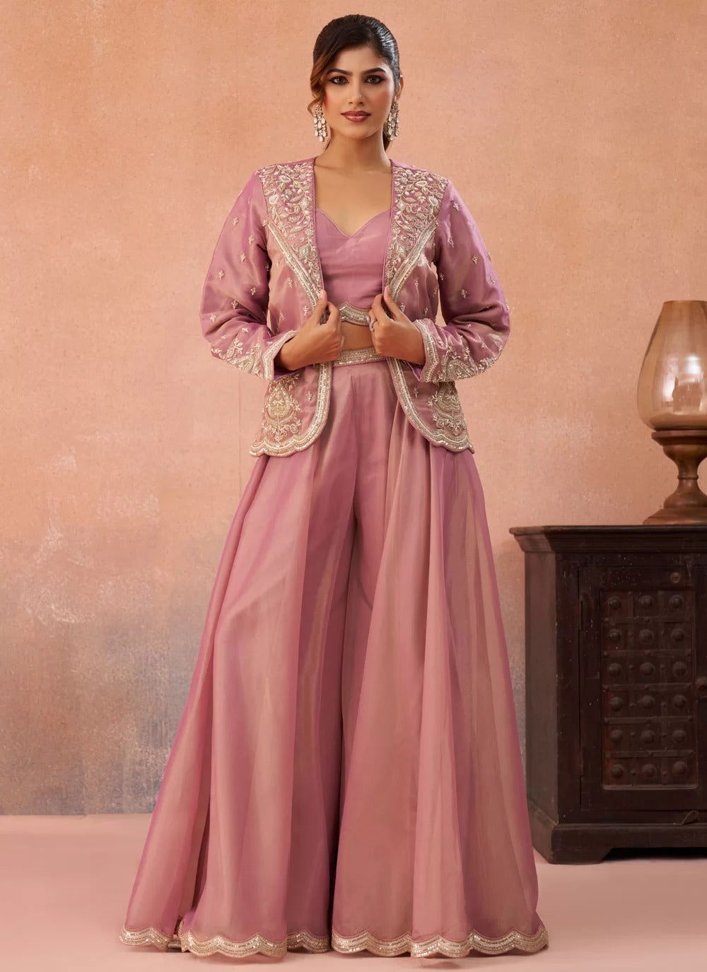 Pink flared palazzo set with floral embroidered jacket