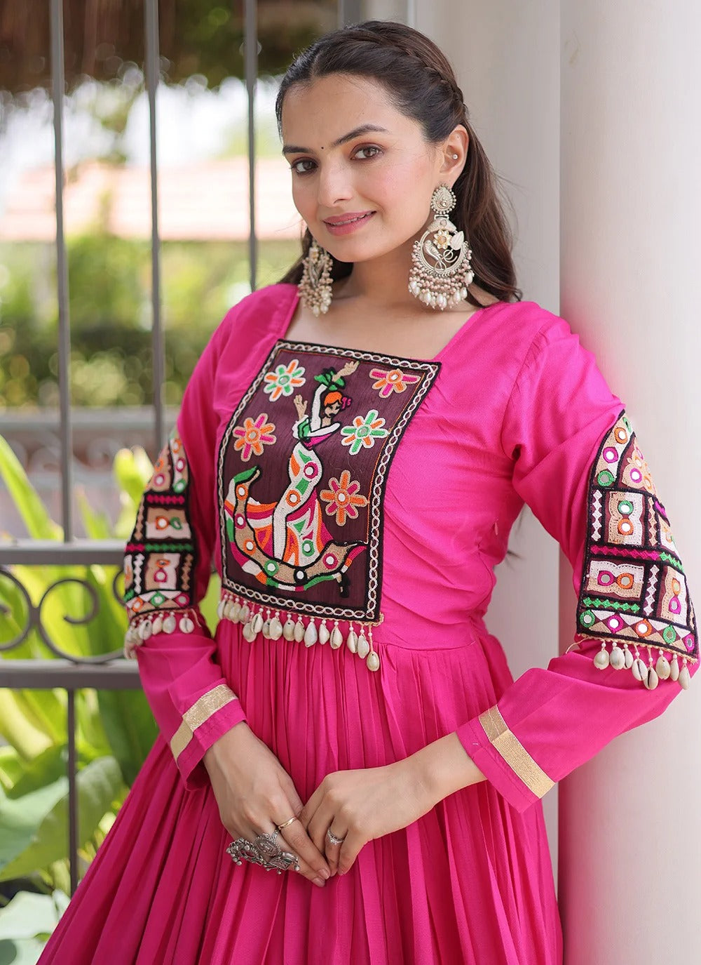 Pink Gujarati Garba gown with Kutchi patch work sleeves and Zari Patta detailing