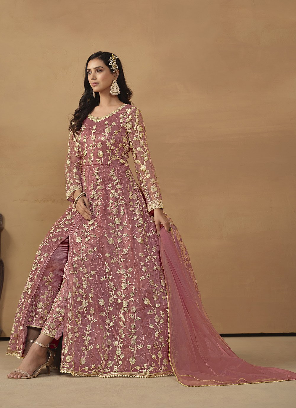 Pink Net Anarkali Suit With Embroidered Pant