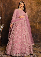 Pink Net Resham work Floor Length Salwar Suit