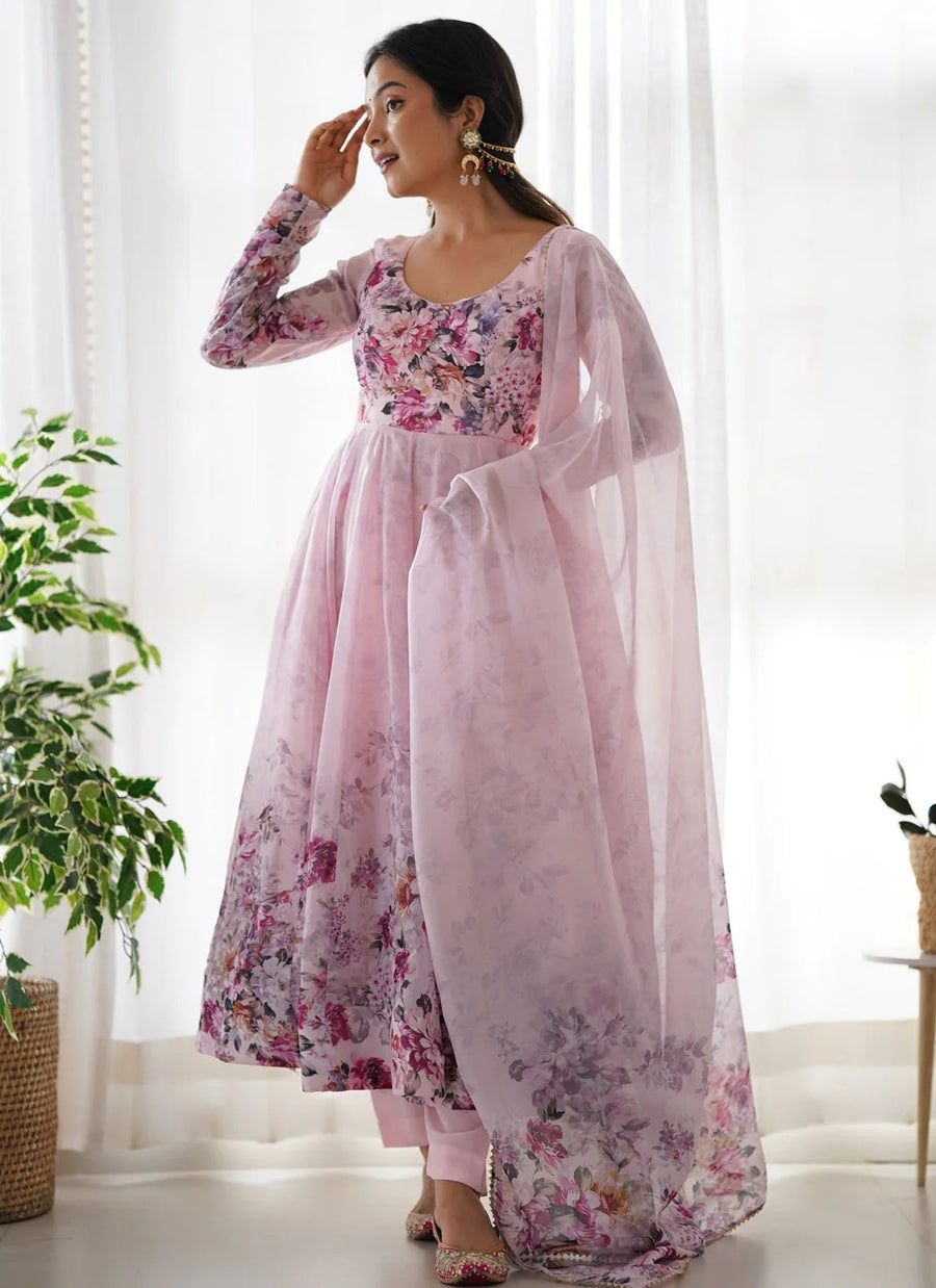 Pink Organza Anarkali Suit Set with Gota Patti Dupatta