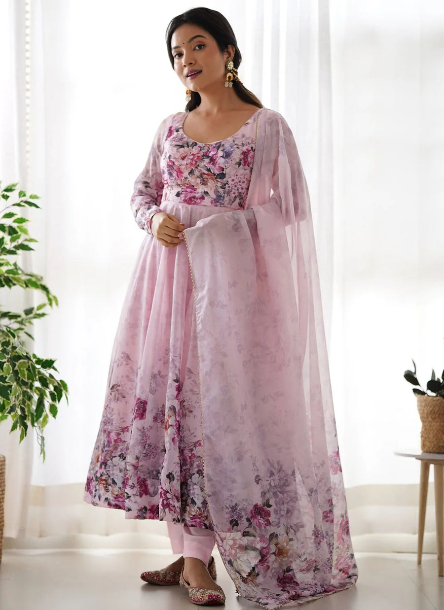 Pink Organza Anarkali Suit Set with Gota Patti Dupatta