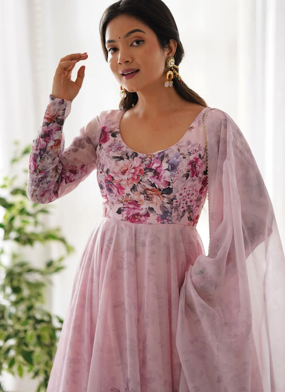 Pink organza Anarkali suit set with floral print, 4-metre kali-cut flare, gota patti lace dupatta and fully stitched pants.