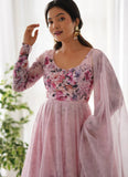 Pink organza Anarkali suit set with floral print, 4-metre kali-cut flare, gota patti lace dupatta and fully stitched pants.