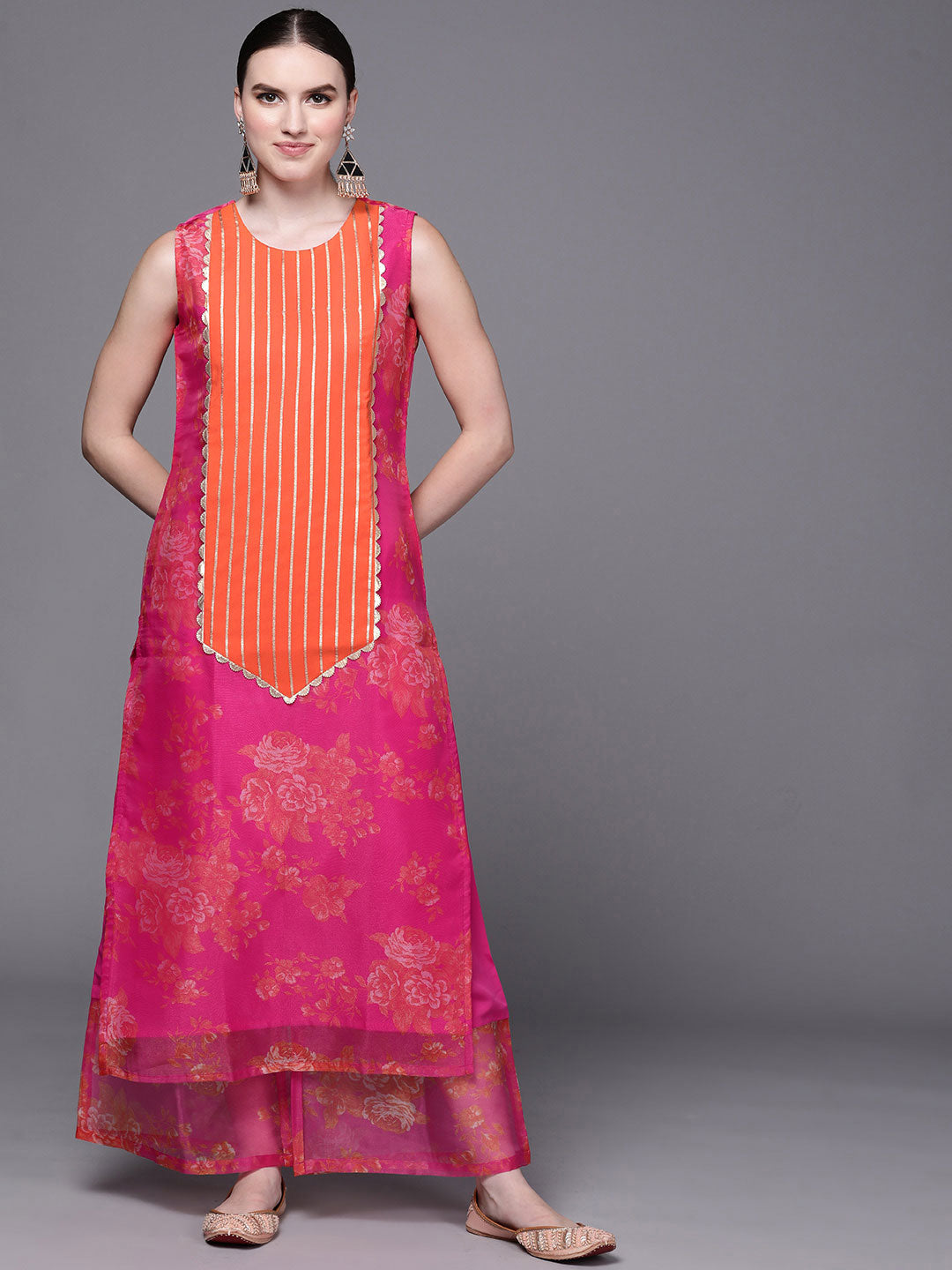 Pink Organza Ethnic Wear Kurta and Palazzo Set for Women