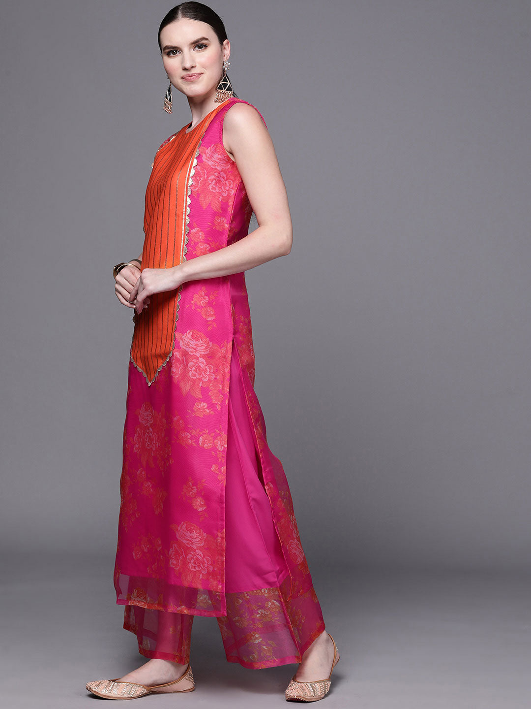 Pink Organza Ethnic Wear Kurta and Palazzo Set for Women