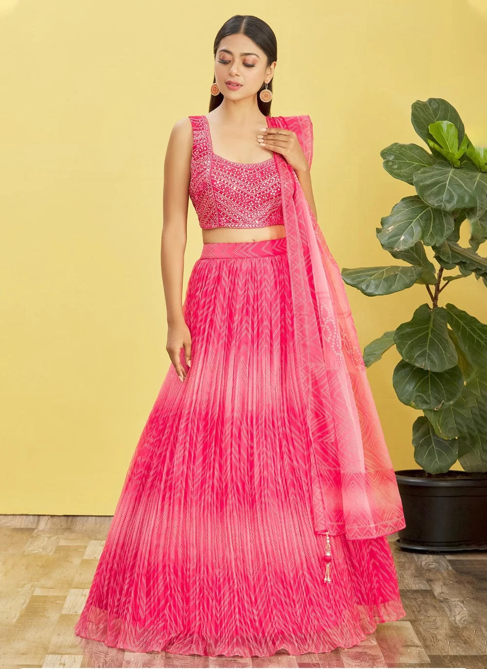 Pink Organza Real mirror and Sequins Embroidered Lehenga choli