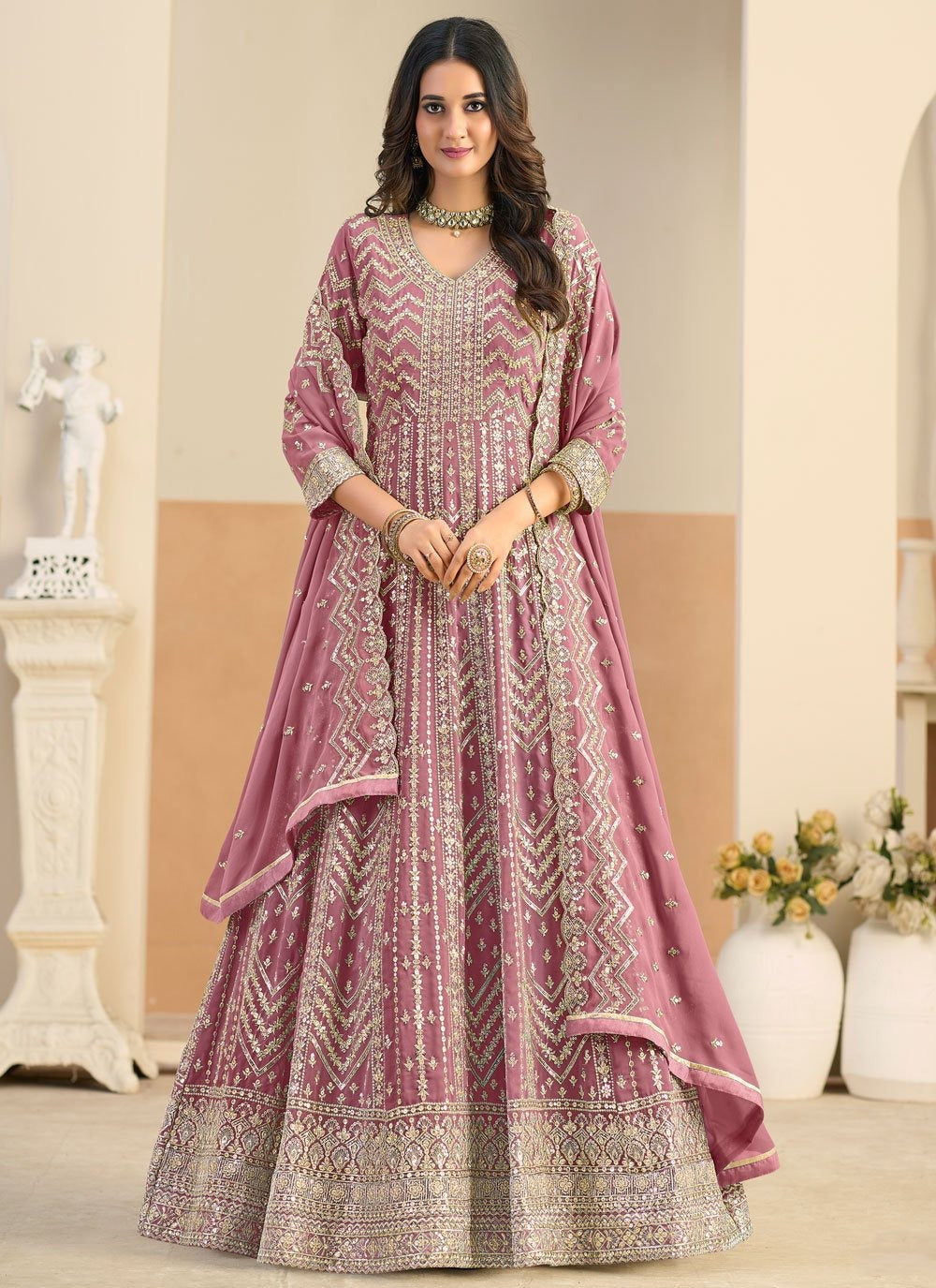 Embroidered pink Anarkali dress with dupatta