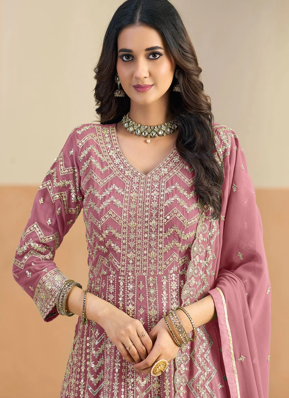 Pink festive Anarkali suit with heavy work