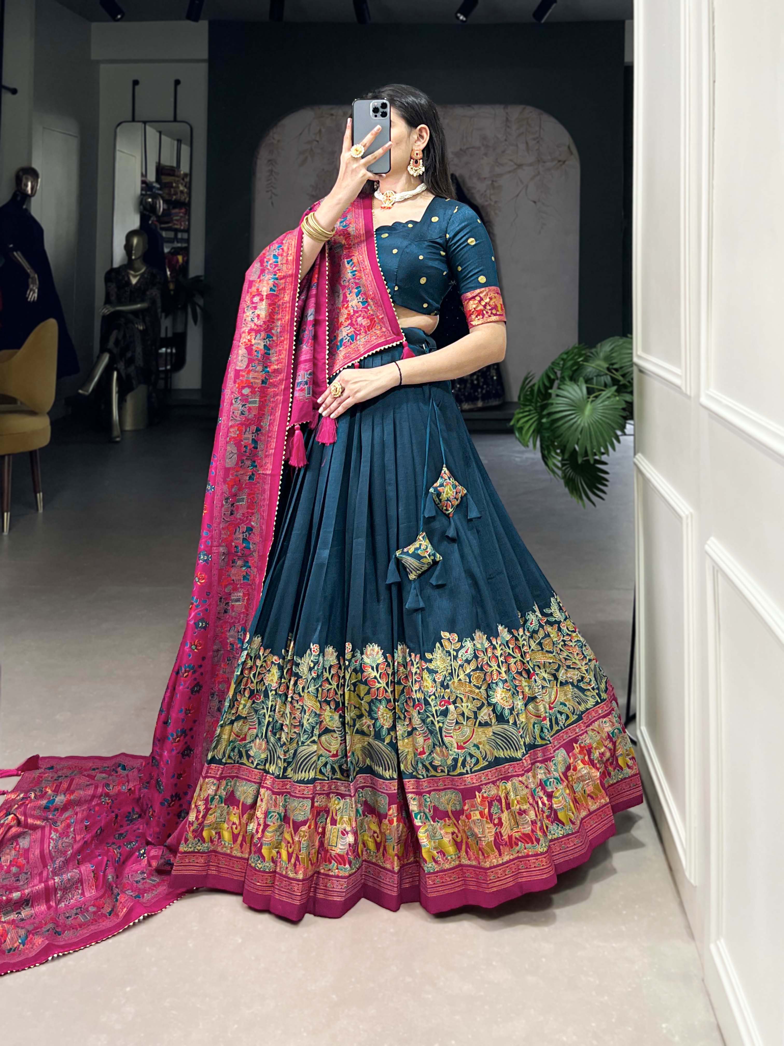 Peacock Blue Color Printed Foil Work Tussar Silk Lehenga Choli