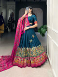 Peacock Blue Color Printed Foil Work Tussar Silk Lehenga Choli