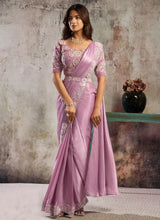 Pink Satin Ready-To-Wear Saree with Sequins & Multi Beads Detailing