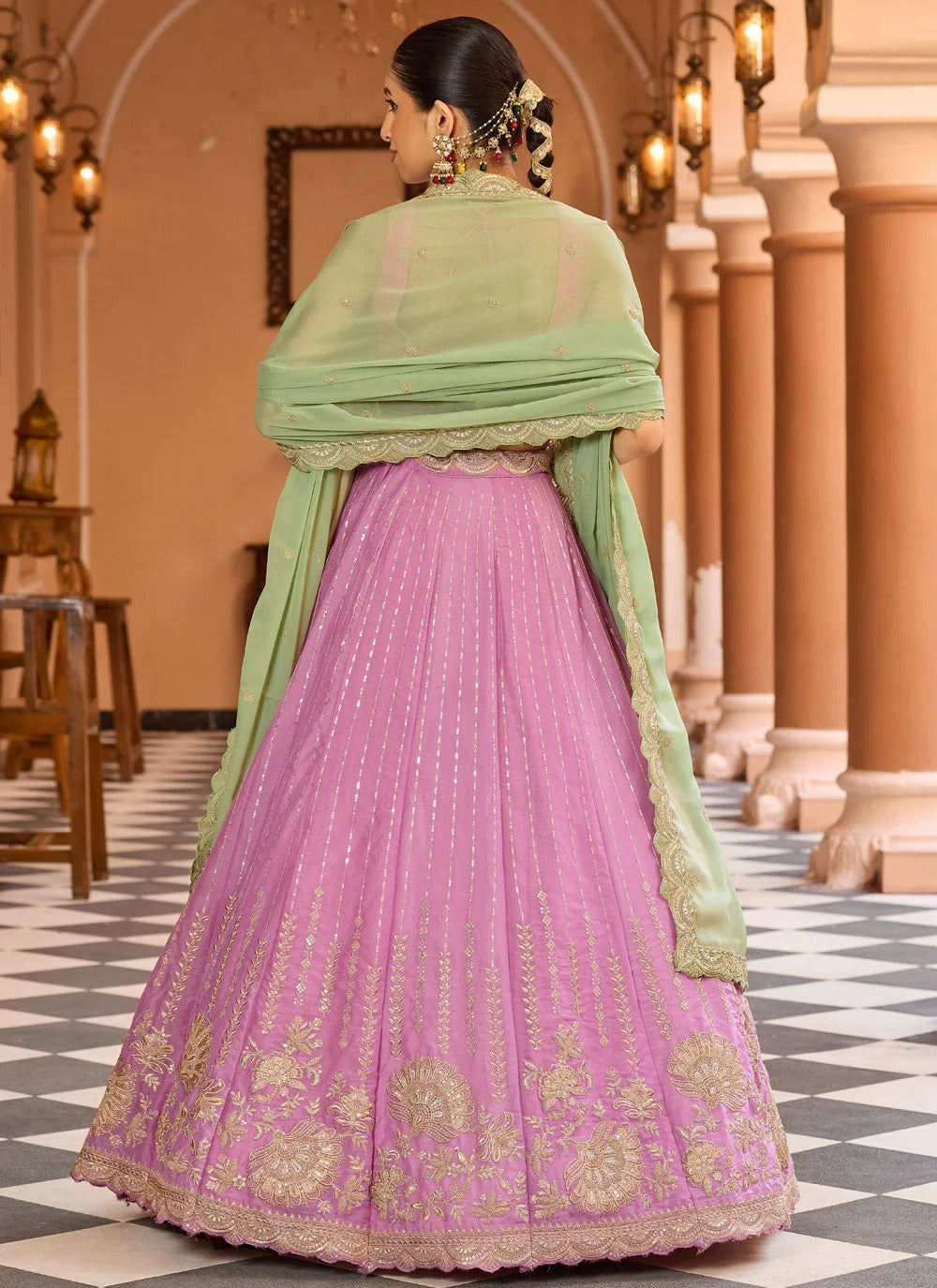 Pink reception lehenga with sequins and coding work