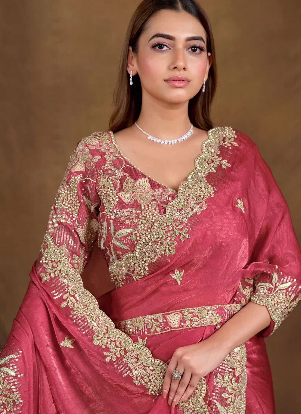 Gorgeous Pink Two Tone Satin Silk Saree with Sequins Work