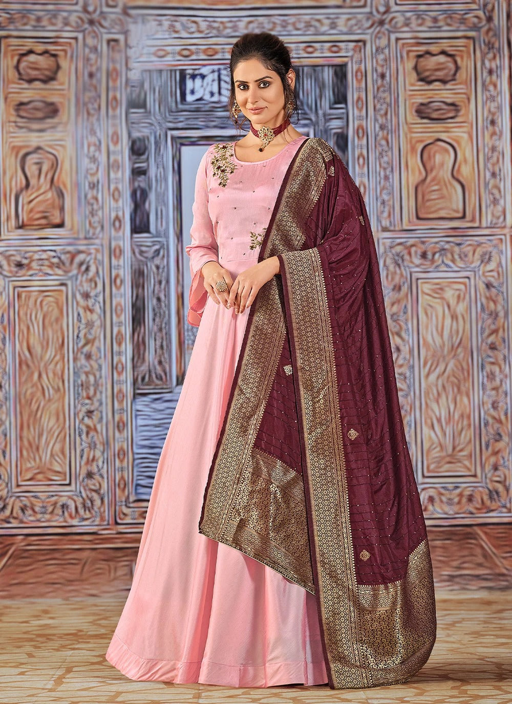 Pink Silk Anarkali Suit with Dolla Silk Dupatta & Handwork Embroidery | Gunj Fashion