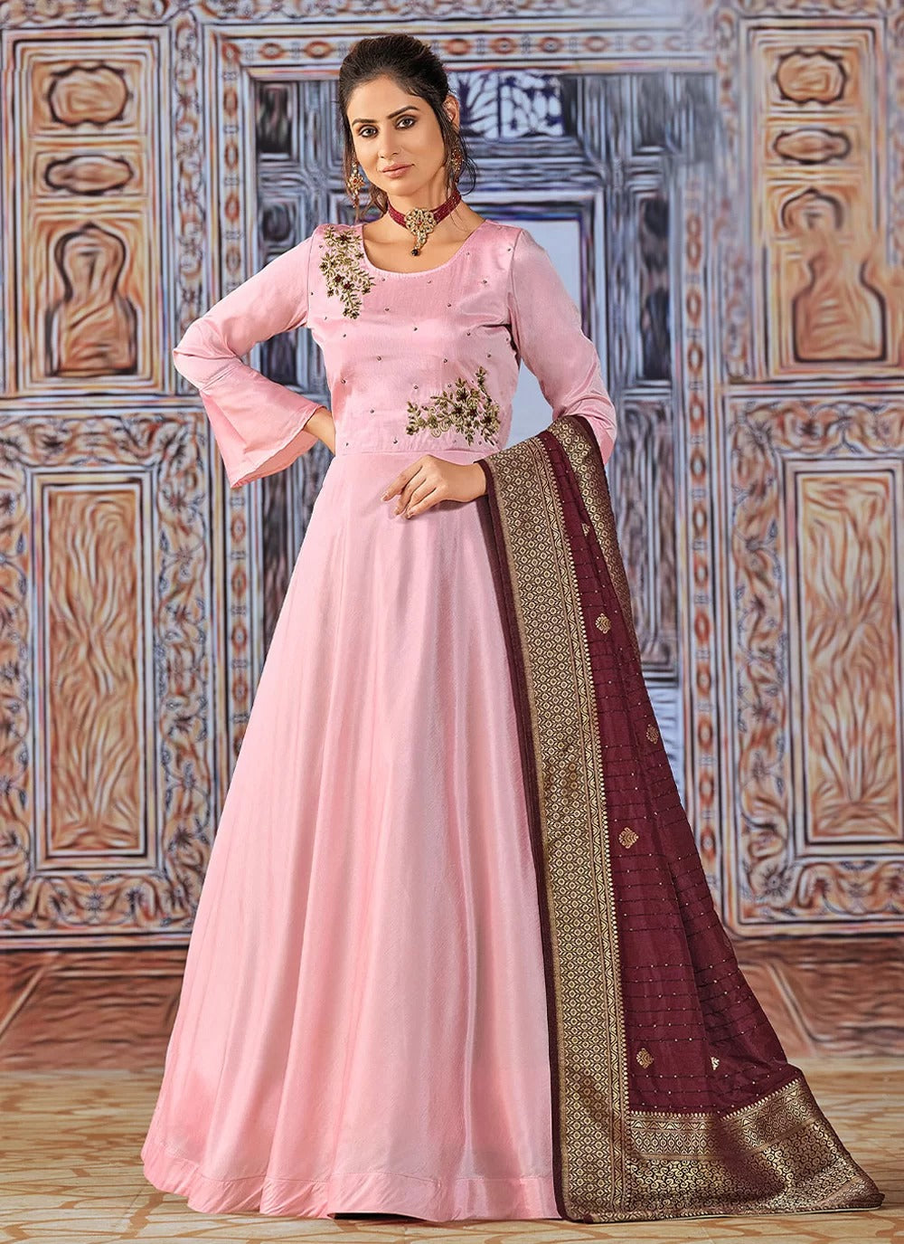 pink anarkali dress design Pink Hand Painted Satin Silk Anarkali Set Mohi fashion