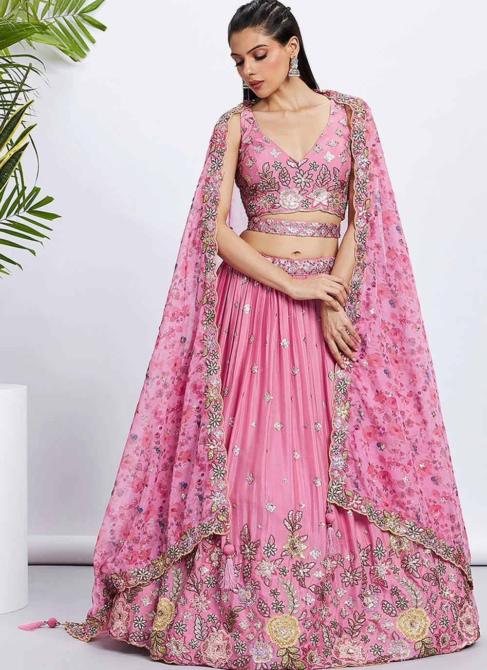 Pink Silk Chiffon Sequins Work Wedding Lehenga