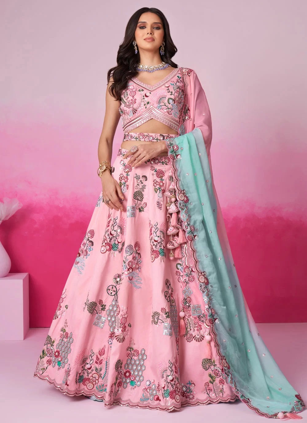 Pink Silk Lehenga for Sister’s Wedding with Zarkan and Sequin Embroidery