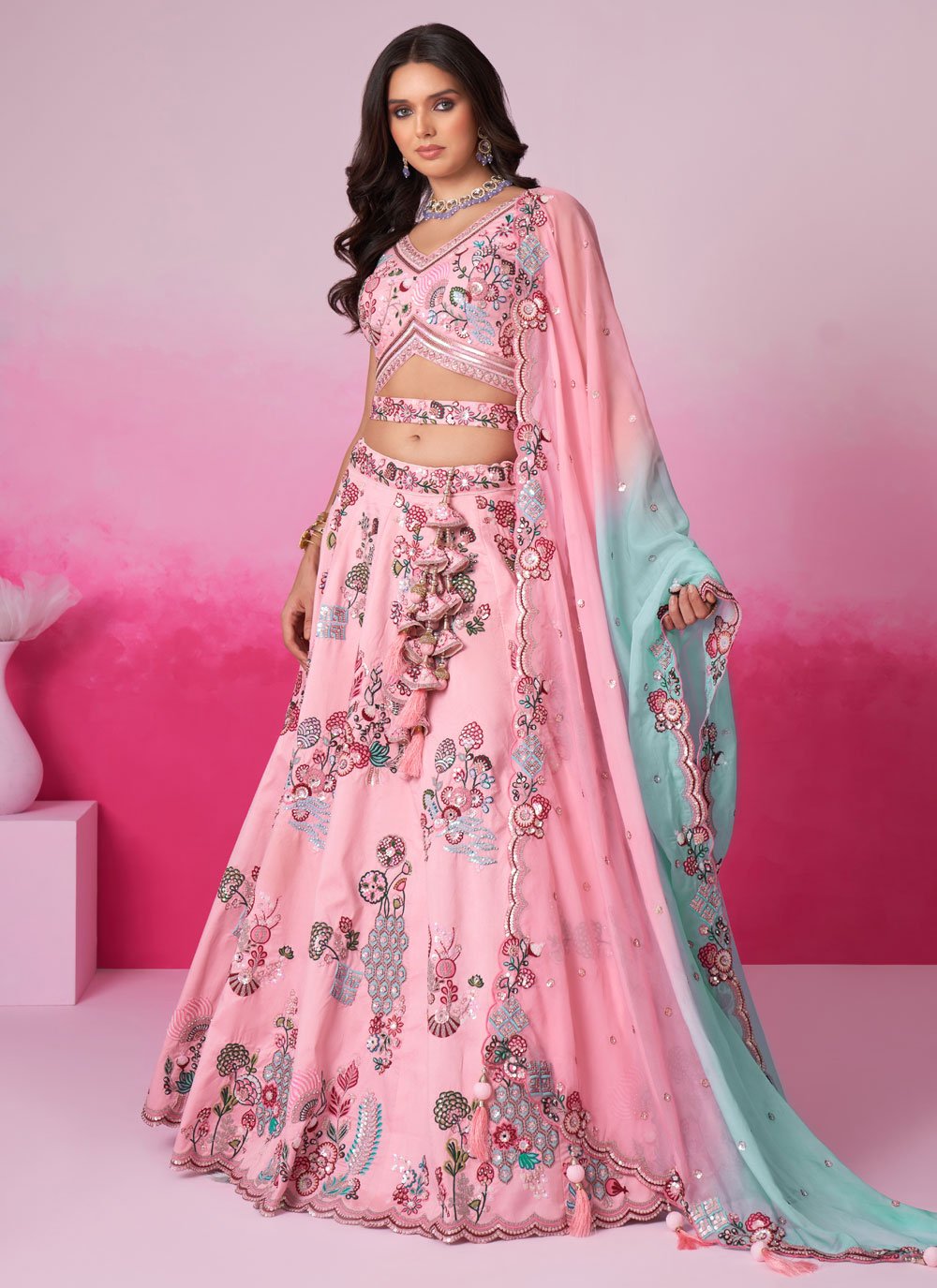 Pink Silk Lehenga for Sister’s Wedding with Zarkan and Sequin Embroidery