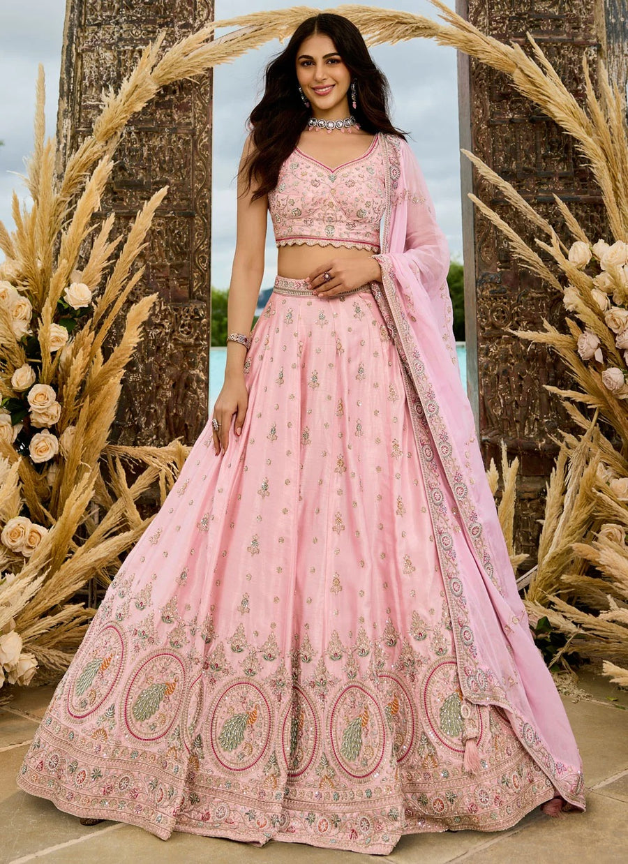 Pink silk reception lehenga with sequins embroidery
