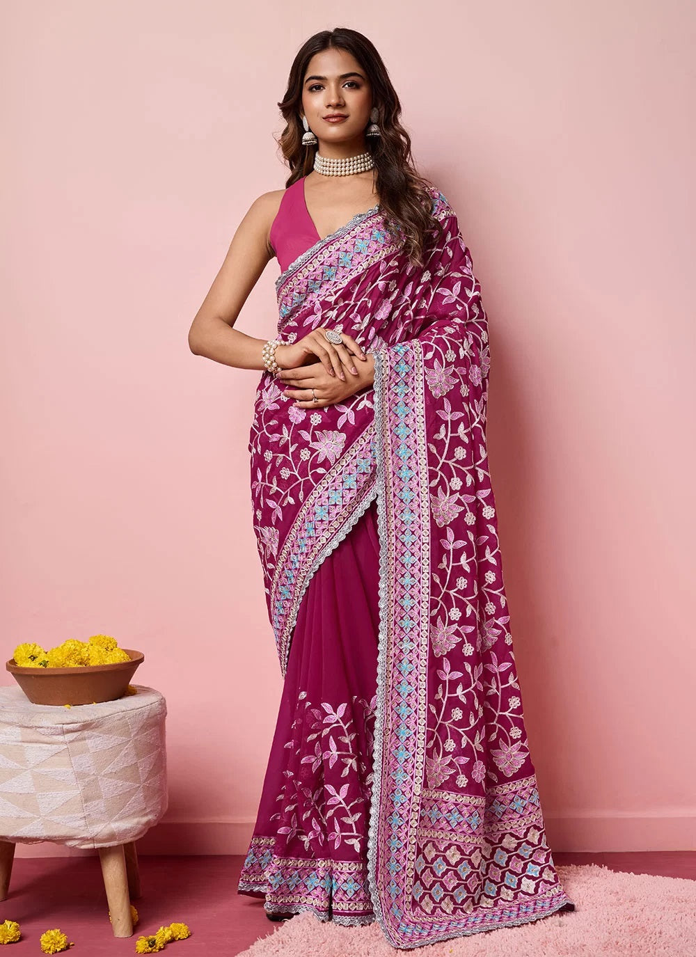 Pink Soft Georgette Kashmiri Embroidered Indian Contemporary Saree