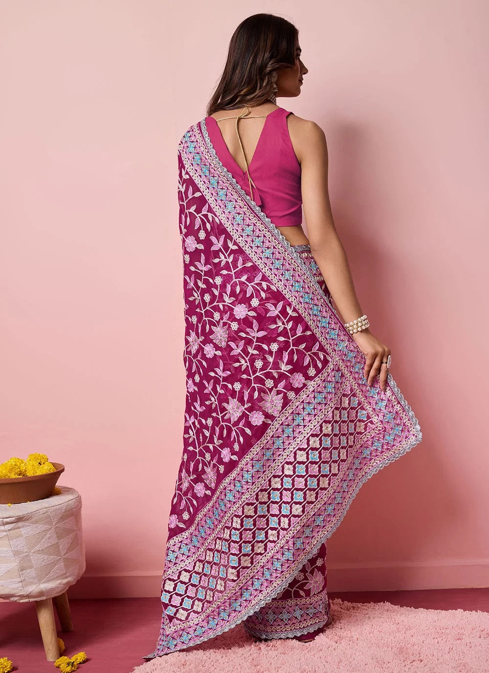 Pink Soft Georgette Kashmiri Embroidered Indian Contemporary Saree