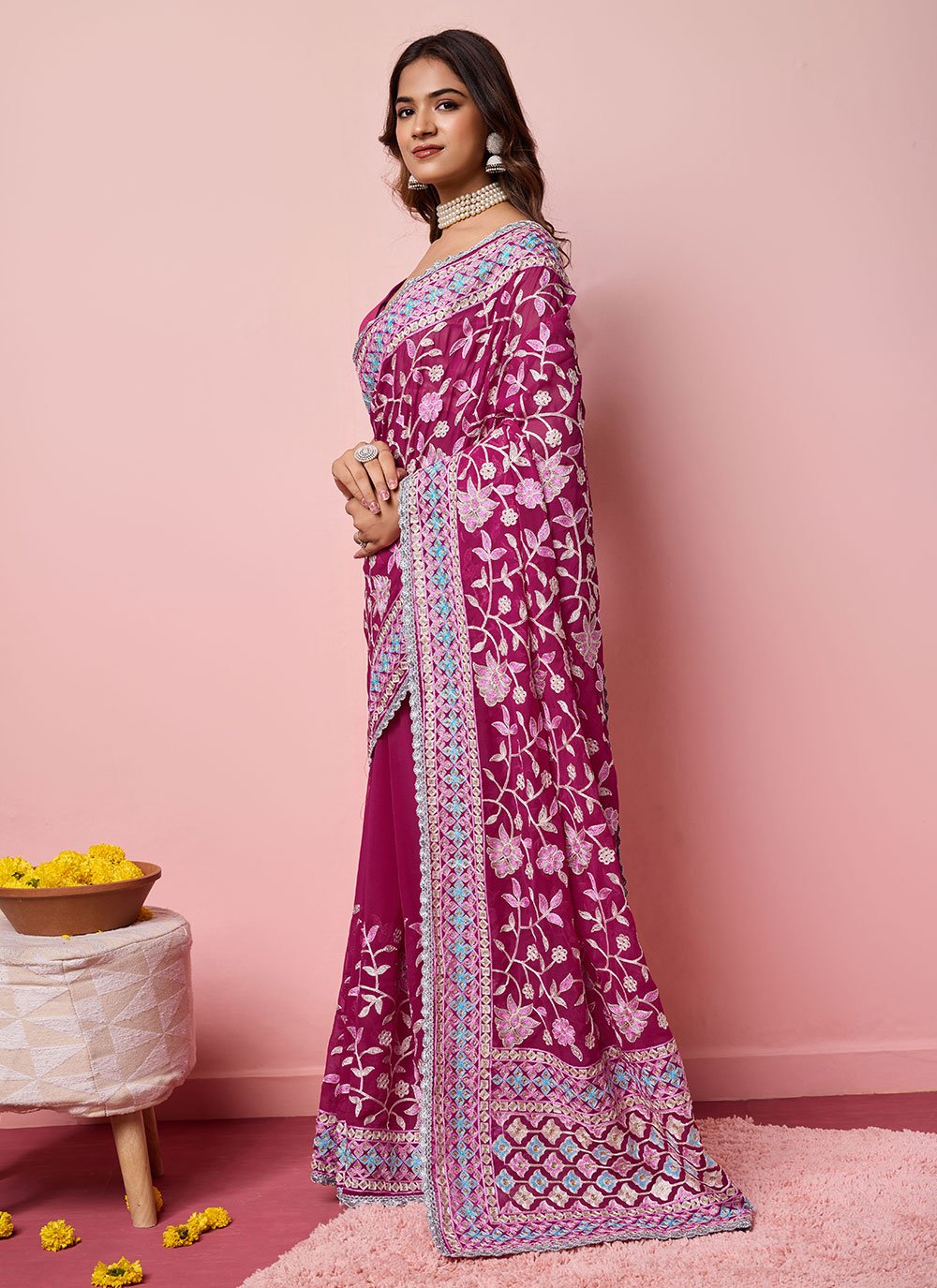 Pink Soft Georgette Kashmiri Embroidered Indian Contemporary Saree