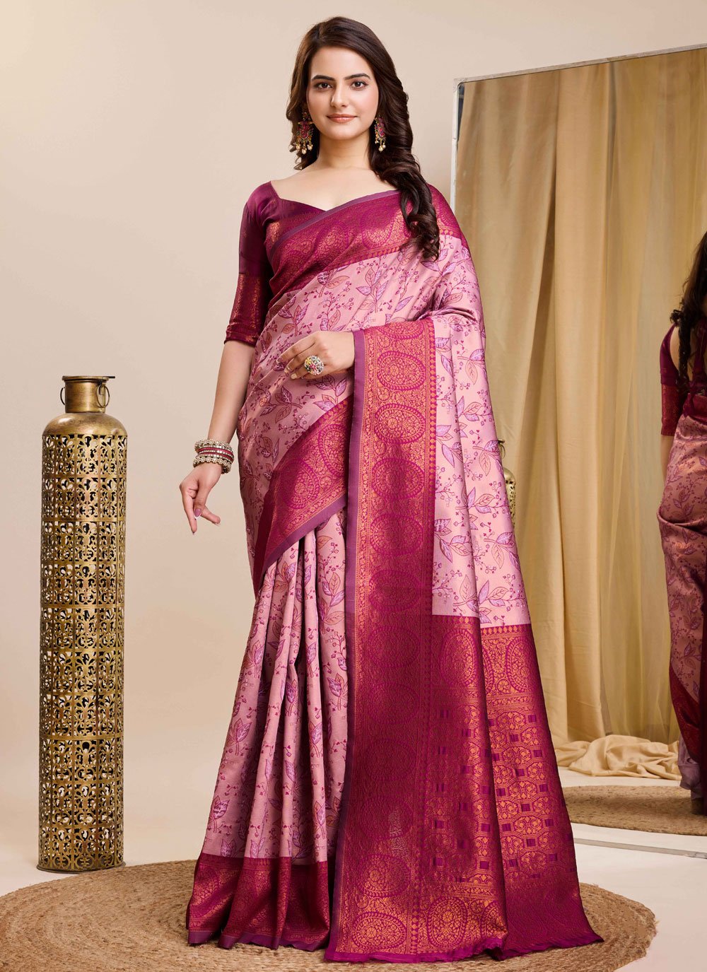 Pink Soft Kanjeevaram Silk Traditional Indian Saree