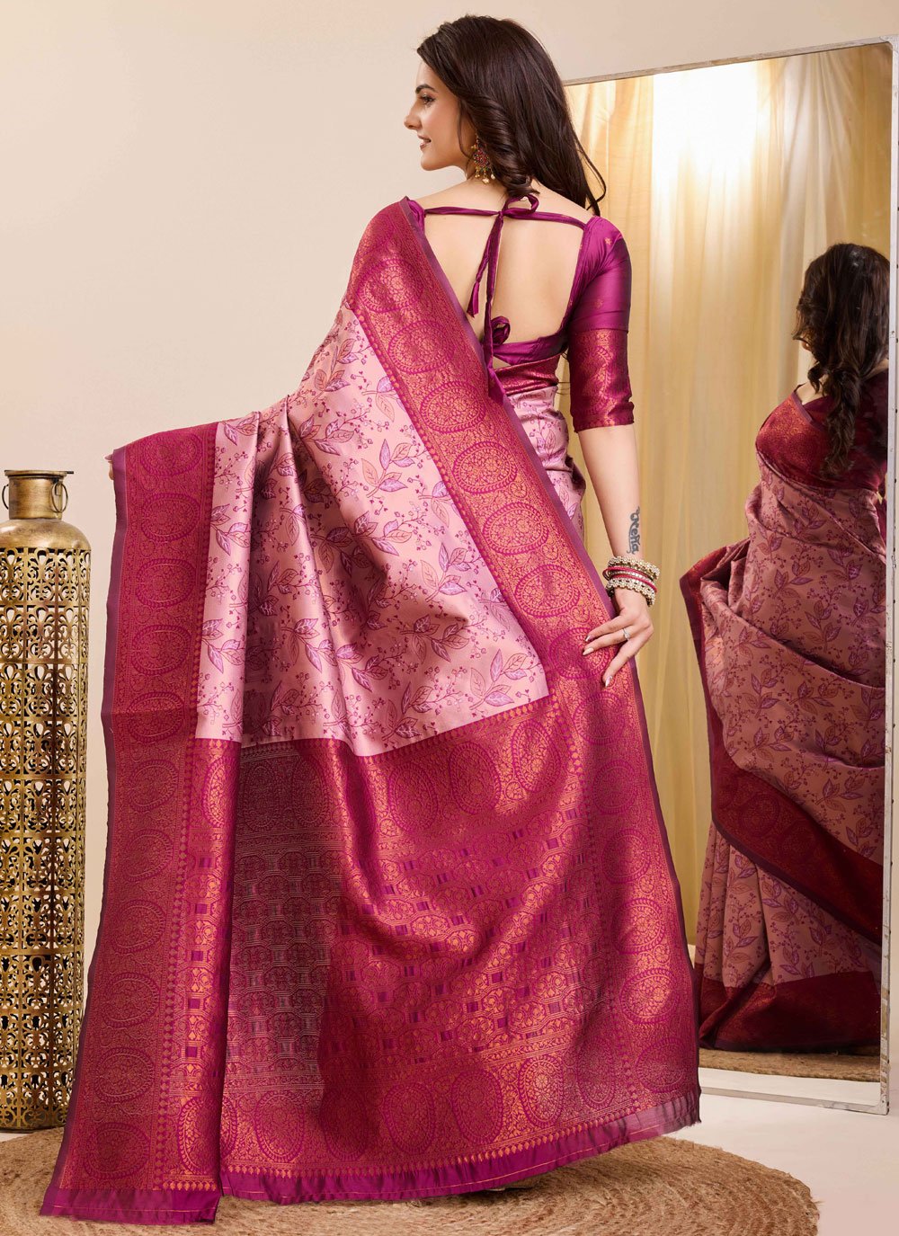 Pink Soft Kanjeevaram Silk Traditional Indian Saree