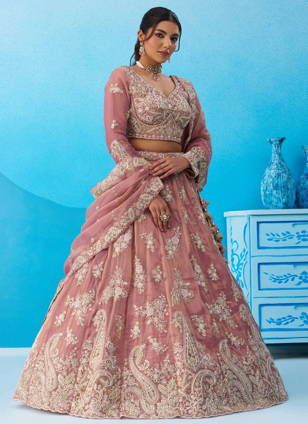 Premium pink embroidered lehenga with colourful cutwork border, heavy latkan tassels and elegant festive styling.
