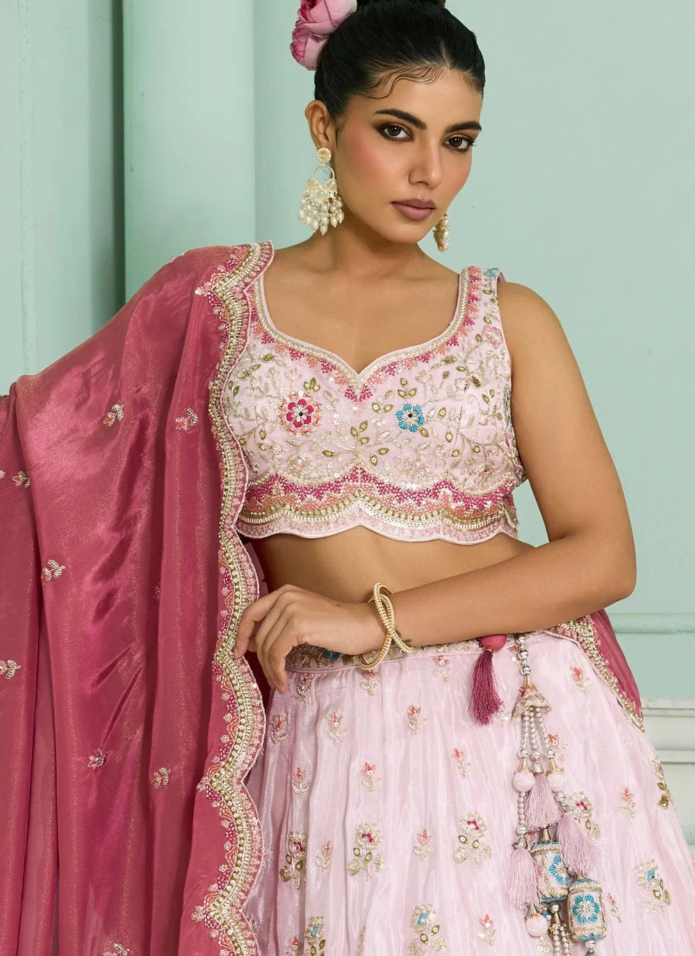 Pink Tissue Designer Lehenga with Beads & Sequins
