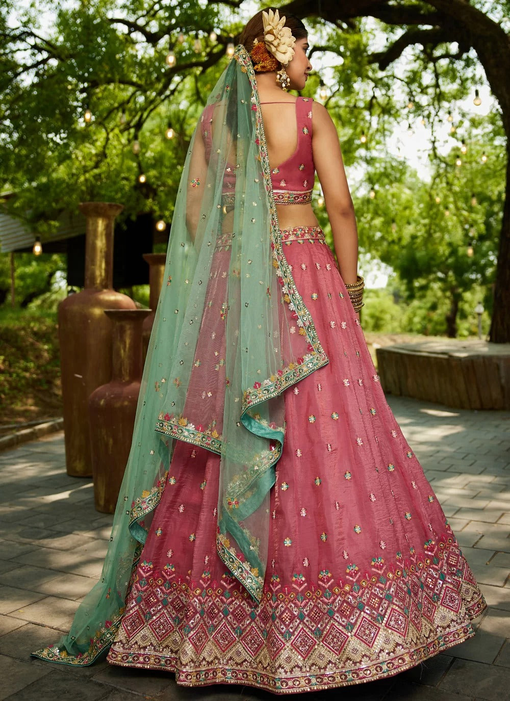 Gorgeous Pink Tissue Sequinned Lehenga for Wedding and Party Wear