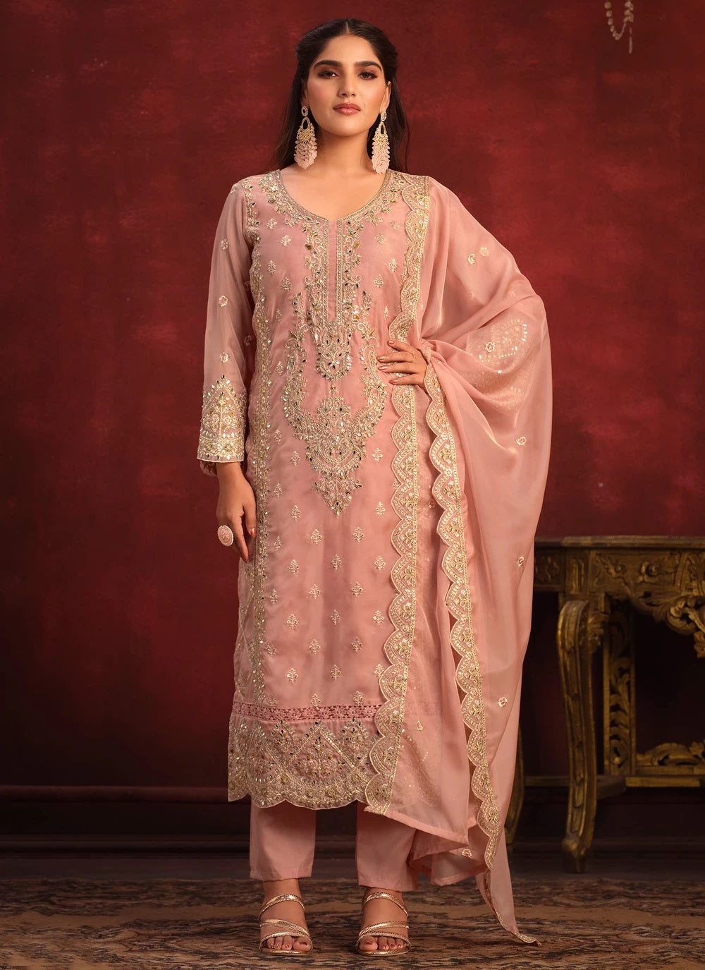 Pink Viscose organza Embroidery Pakistani Straight Suit