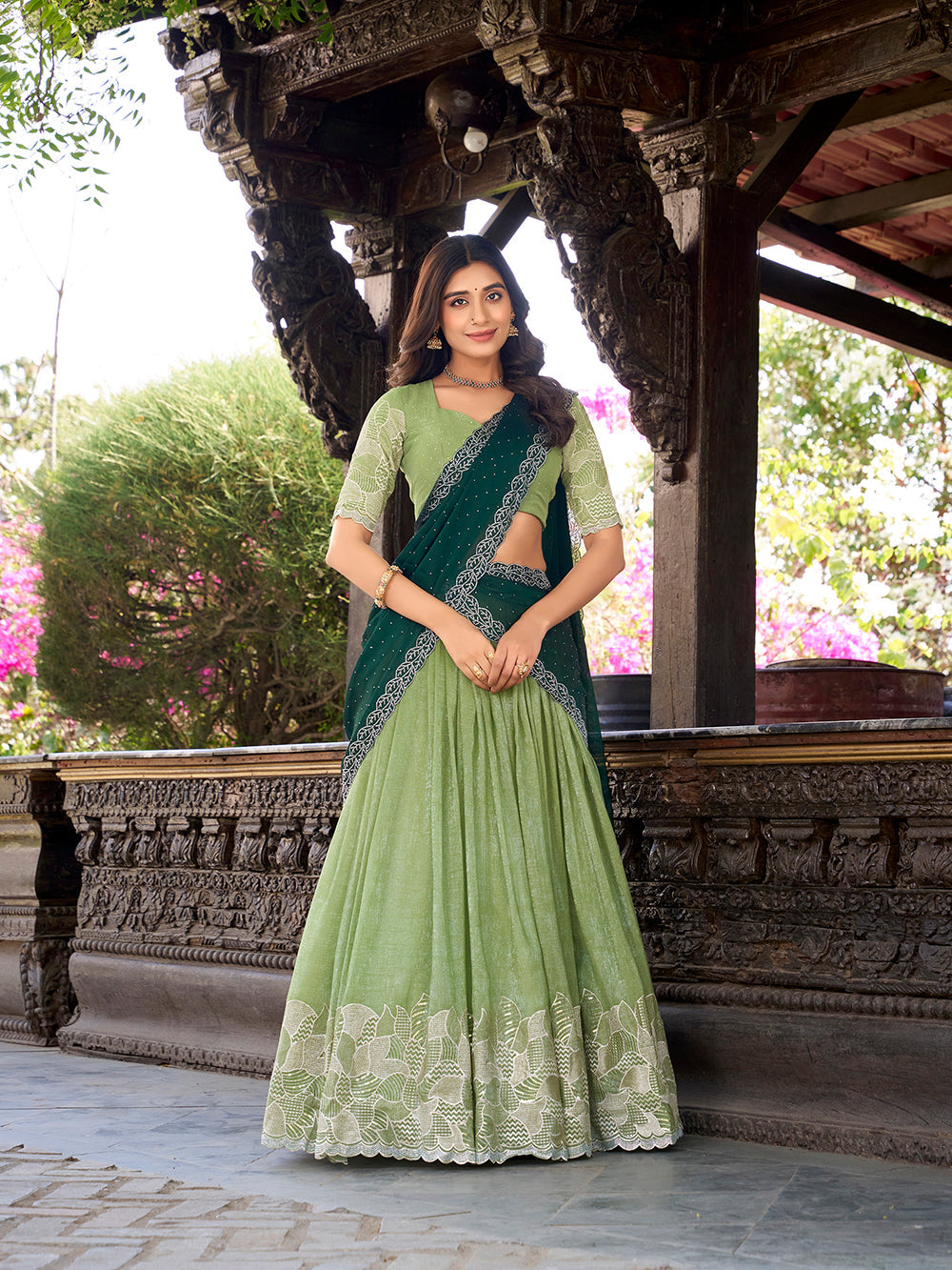 Pista Color Sequins And Embroidery Work With Hotfix Silver Glossy Lehenga Choli
