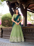Pista Color Sequins And Embroidery Work With Hotfix Silver Glossy Lehenga Choli