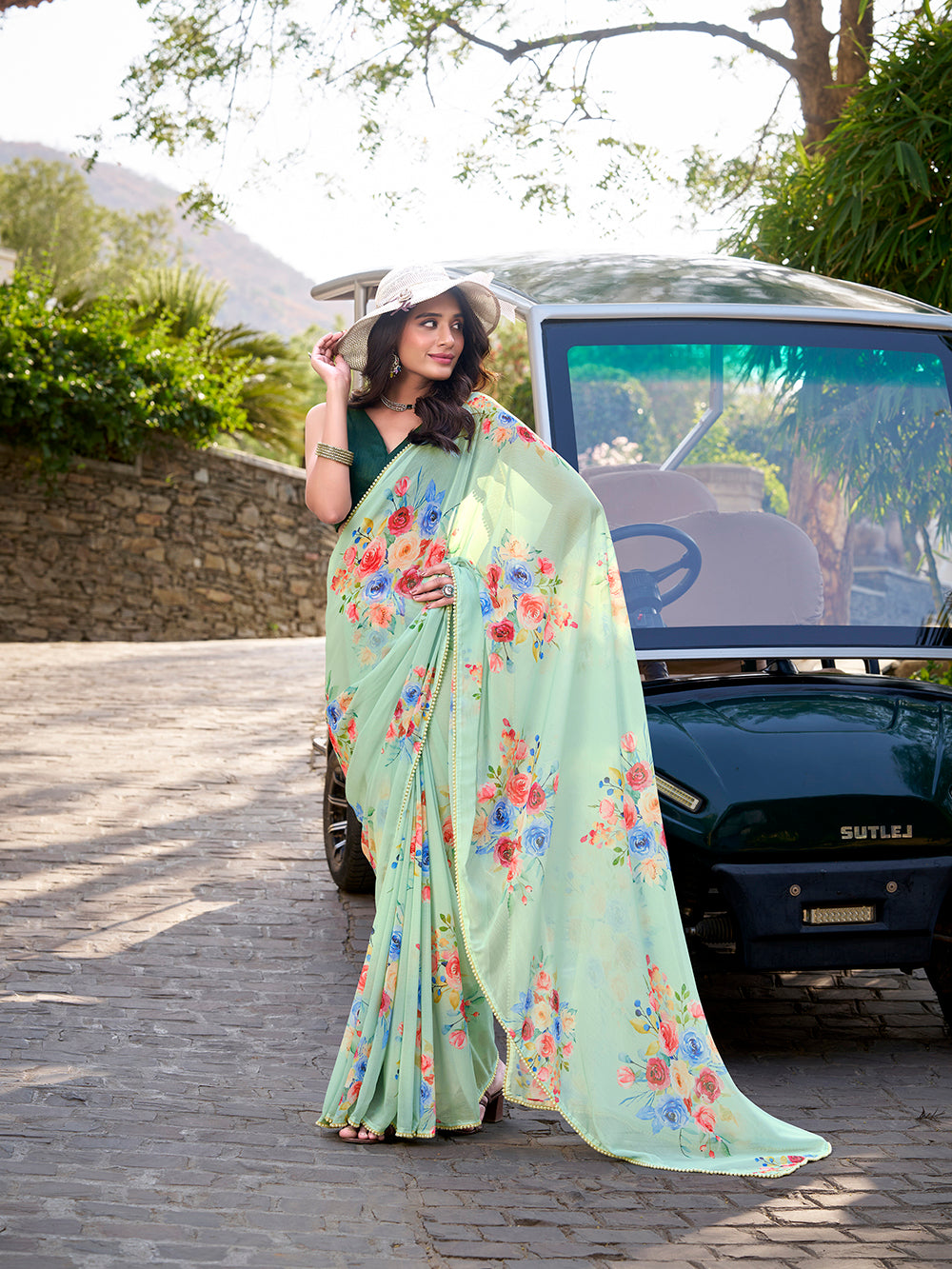 Pista floral printed saree for parties