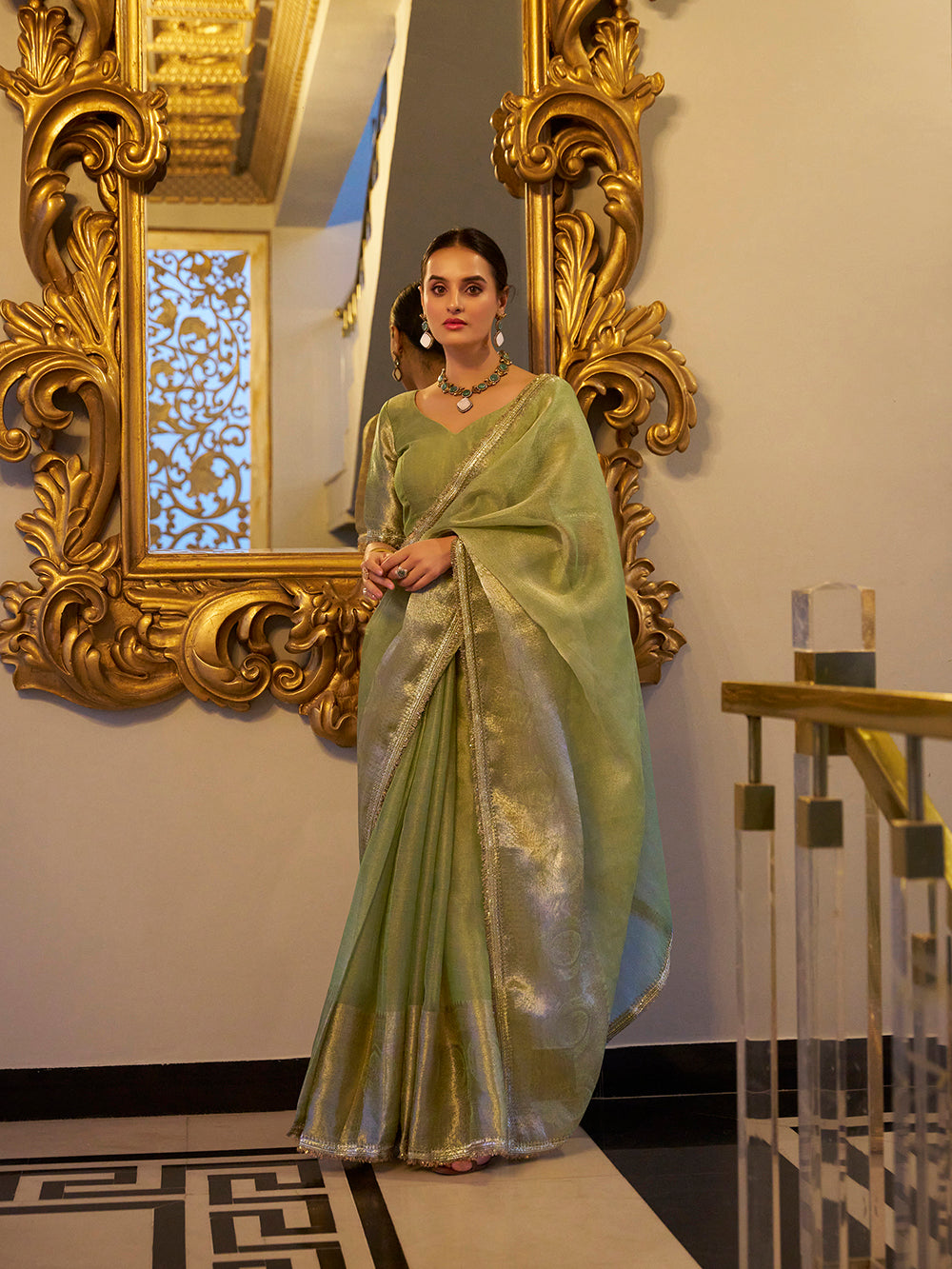 Gold zari weaving tissue shimmer saree