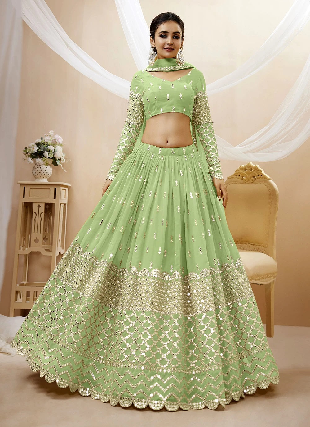 Pista Embroidered Georgette Indian Party Lehenga