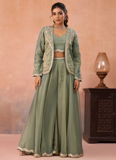 Pista green indo western co-ord set with embroidered jacket