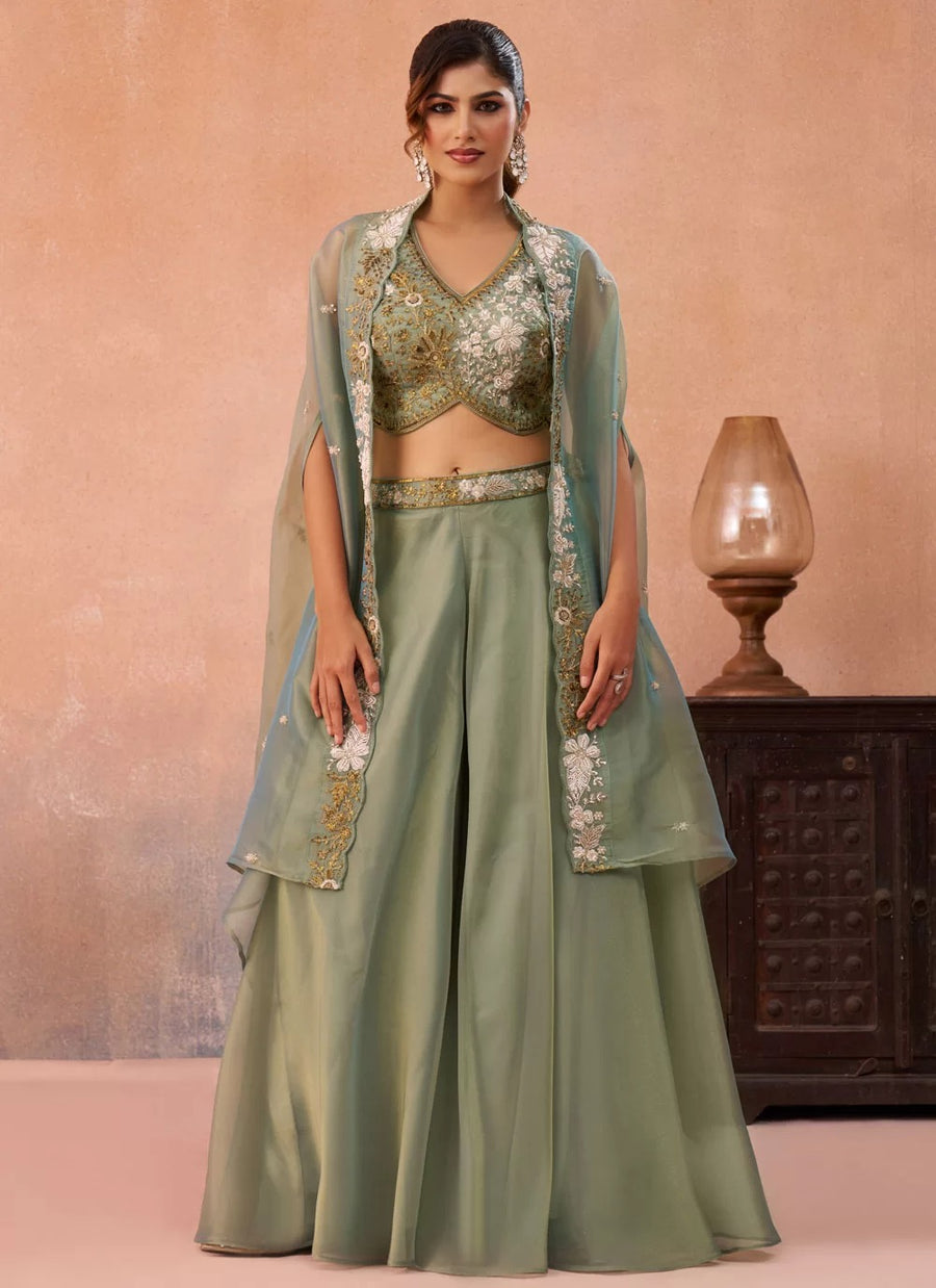 Pista green tissue indo western set with embroidered flared cape